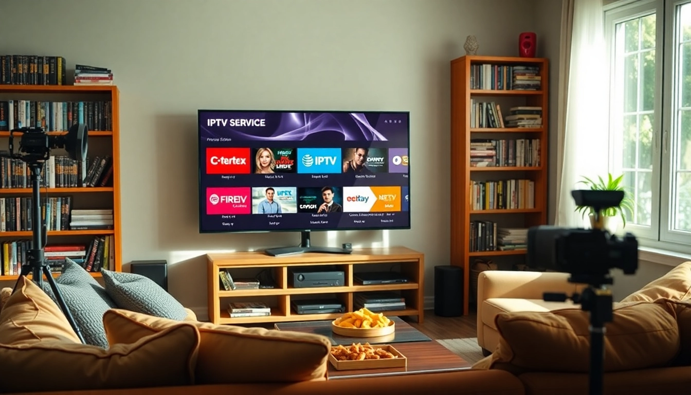 Experience the excitement of a free iptv trial in a cozy living room with a large TV displaying options.