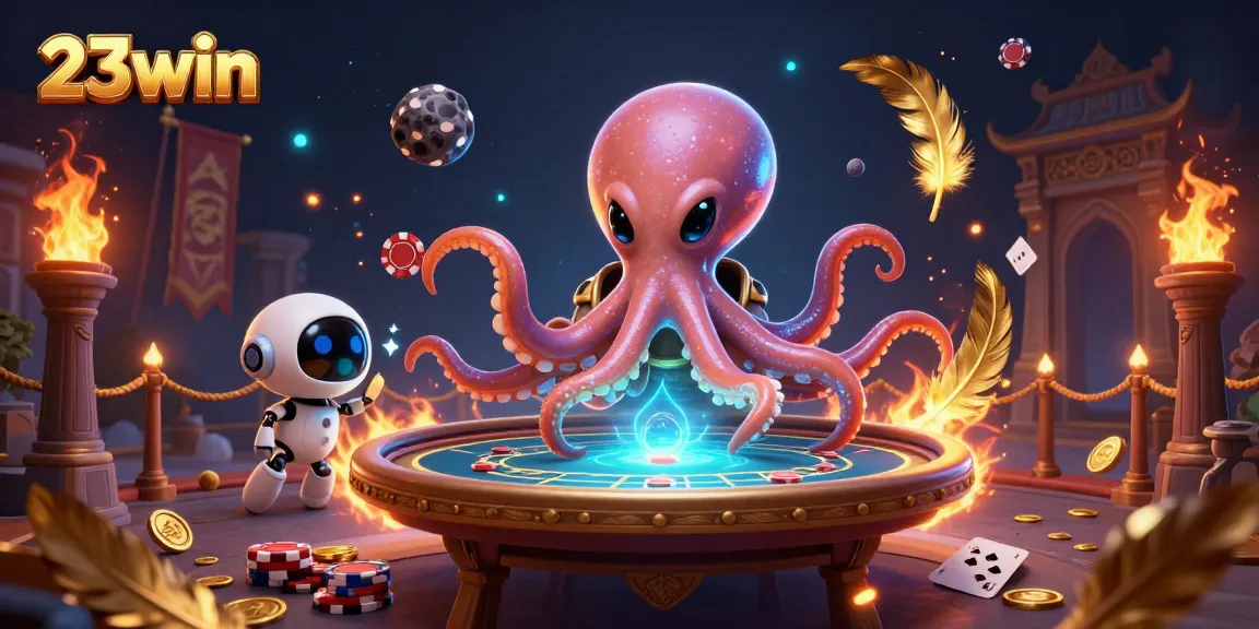 Experience thrilling gameplay at 23win with an alien octopus managing a holographic poker table.