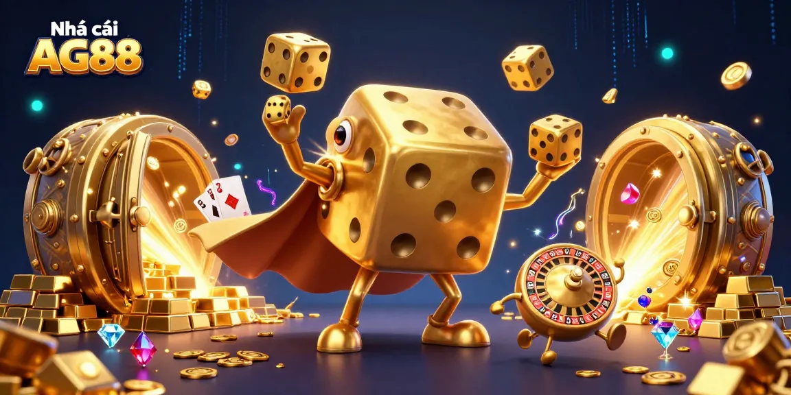 Engaging illustration of Nhà cái AG88 showcasing a lucky golden dice golem and vibrant casino elements.