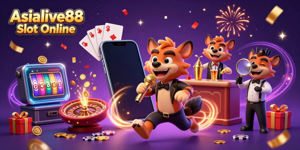 Engage in thrilling fun at Asialive88 Slot Online with a lively hyena-themed casino scene, showcasing laughter and excitement.
