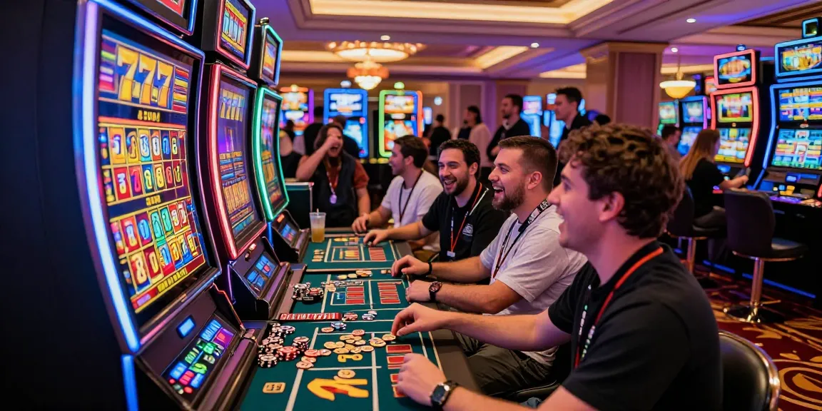 Excited players in a lively casino gathered around a 777 slot machine, awaiting their winnings.