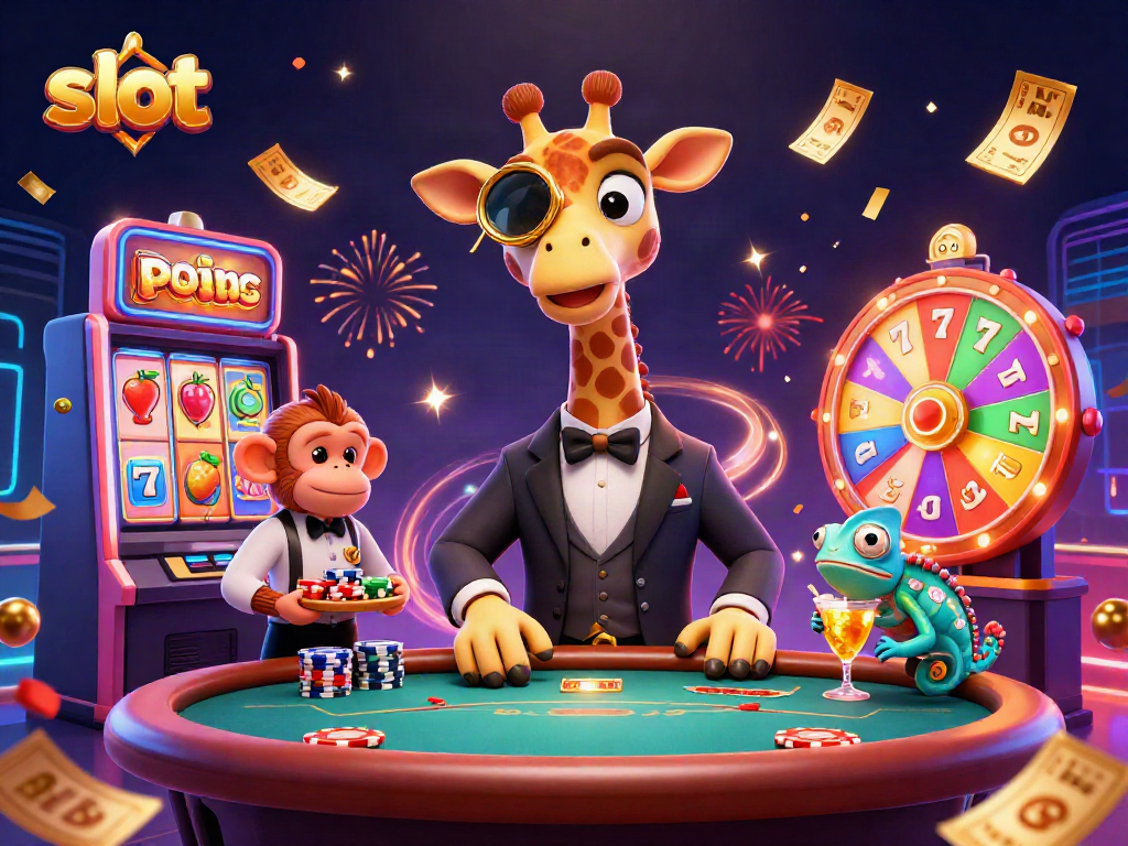 Engage in exciting slot gaming with a vibrant casino scene featuring characters and game elements.