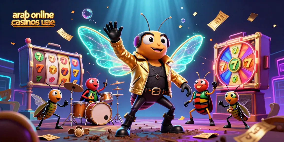 Experience the thrill of arab online casinos uae with a dynamic 3D scene featuring a cicada rock star, lively game elements, and excitement.