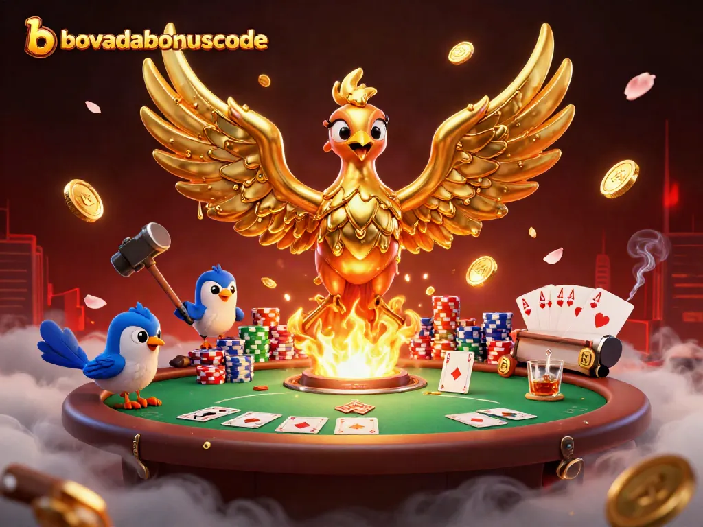 Engage in high-stakes gaming with BovadaBonusCode, featuring a golden phoenix and poker elements.