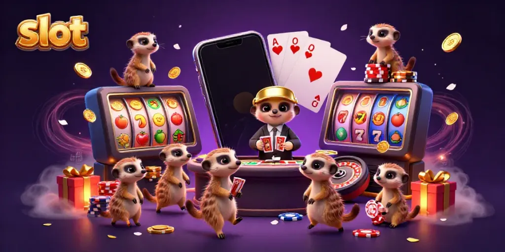 Slot permainan kasino dengan koloni meerkat yang beroperasi, menyoroti slot dan penawaran menarik.
