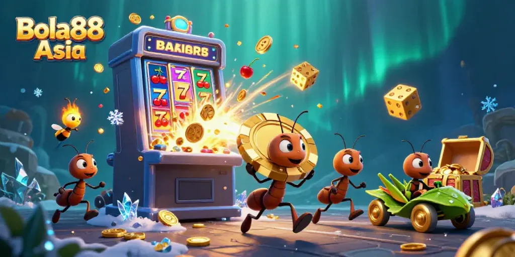 Exciting 3D illustration of Bola88 Asia with ants carrying a giant poker chip amid a jackpot explosion.