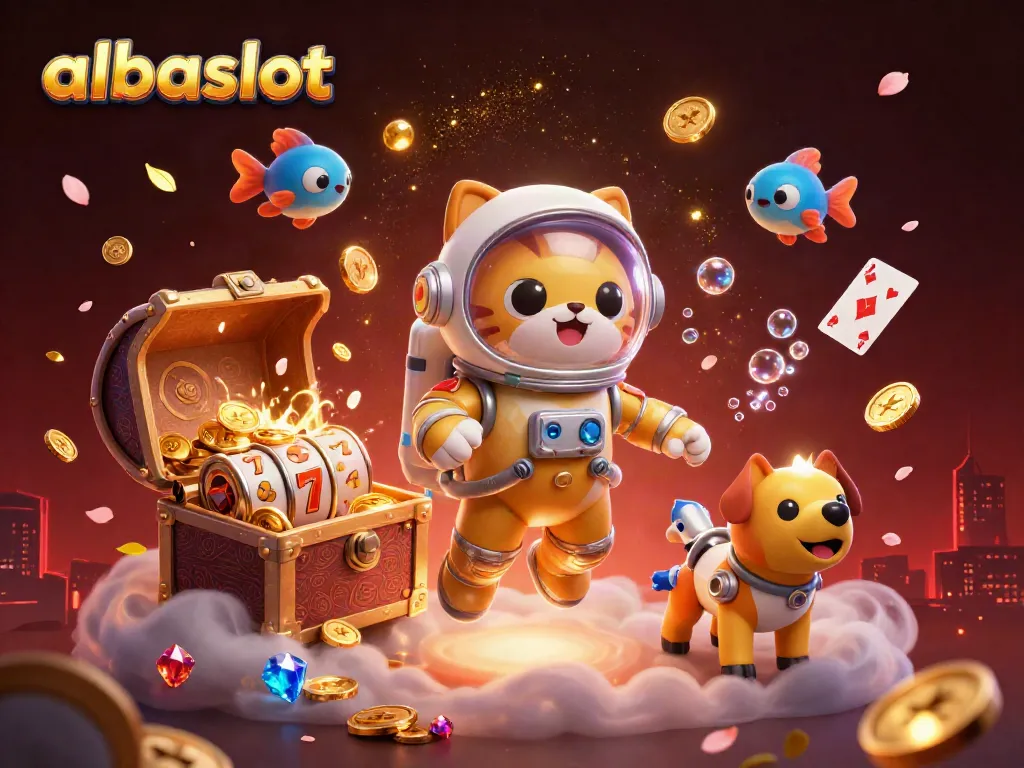 Permainan albaslot menunjukkan kucing astronaut 3D yang mengapung dalam ruang hampa dengan elemen judi, serta harta karun dan koin emas.