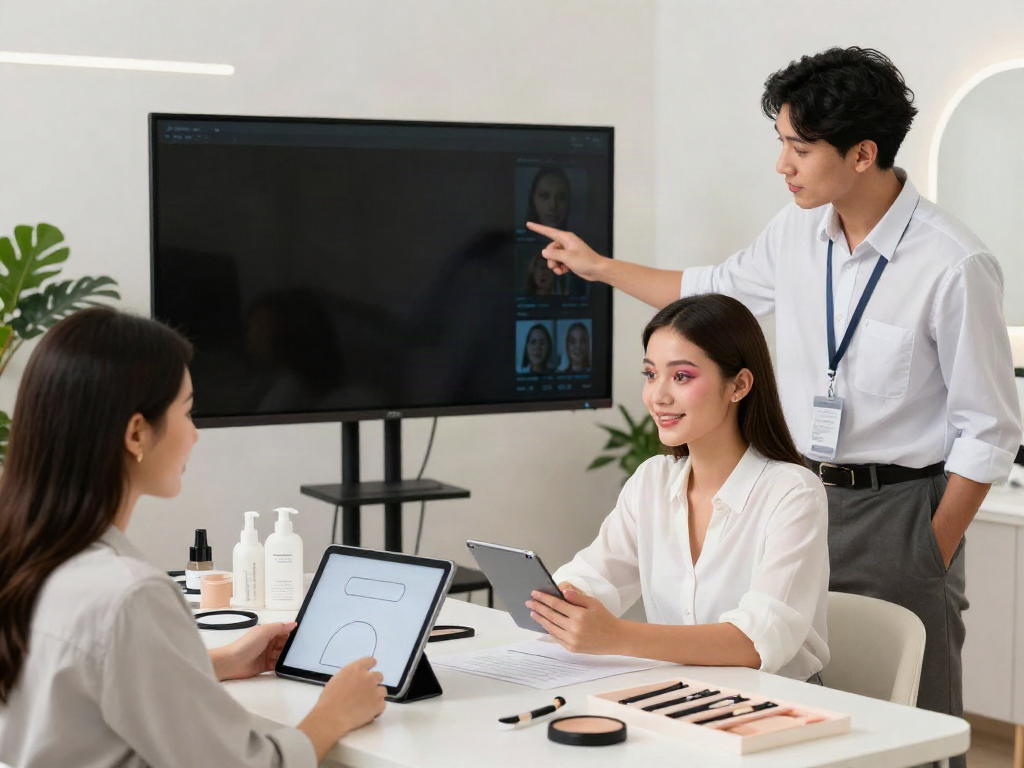 Women discussing alternatives to QOVES facial analysis in a modern beauty studio.