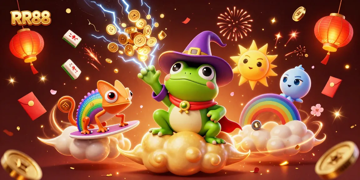 Experience the thrill of RR88 as the wizard frog creates a fortune of golden coins amidst festive elements.