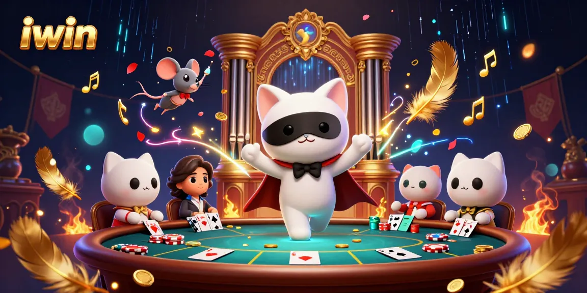Engage with captivating iwin poker strategies amidst an enchanting casino scene featuring vibrant characters.
