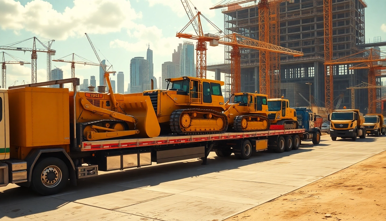 Efficient equipment transport demonstrated with heavy machinery loading onto a truck.