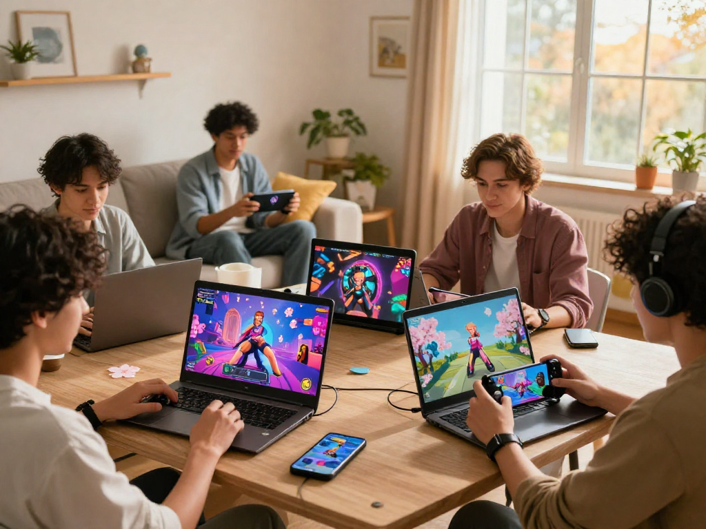 Engaged players enjoying popular porn games online on various devices in a cozy living room setting.