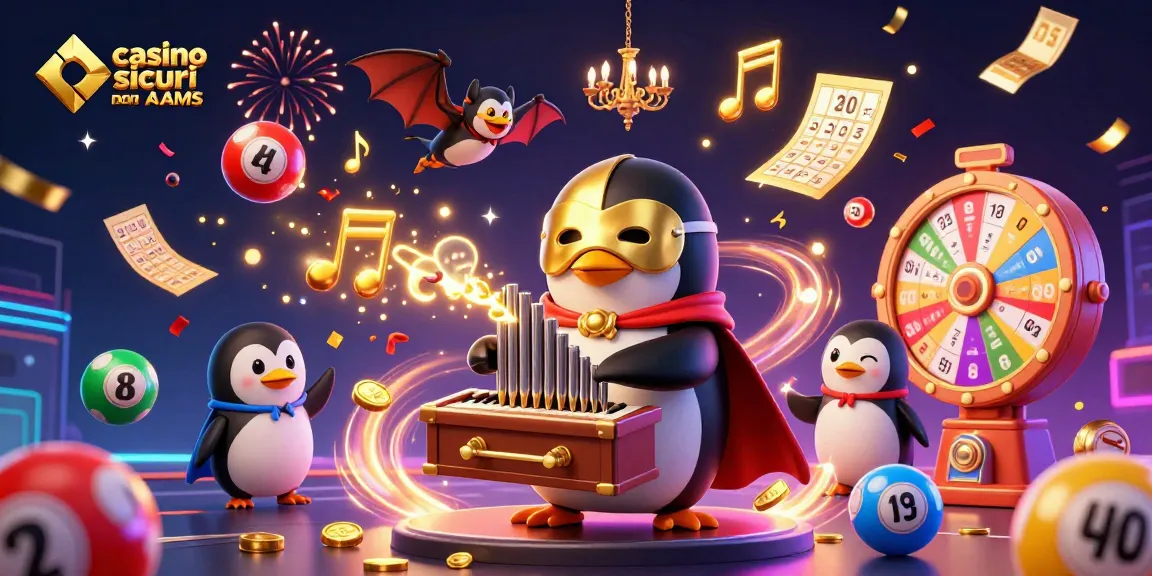 Gioca nei casino sicuri non AAMS, con un pinguino fantasma che suona organi d'oro mentre piovono monete e palline numerate.