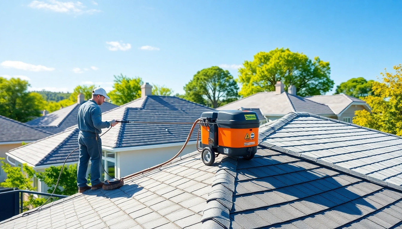 Expert Roof Cleaning technician performing a thorough cleaning on a residential roof, enhancing its appearance.