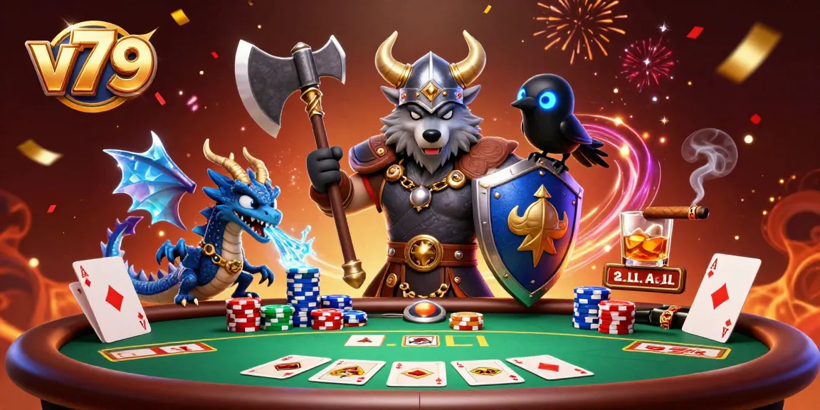 Experience the thrilling action of v79 with a Viking warrior, fierce dragon, and vibrant casino elements.
