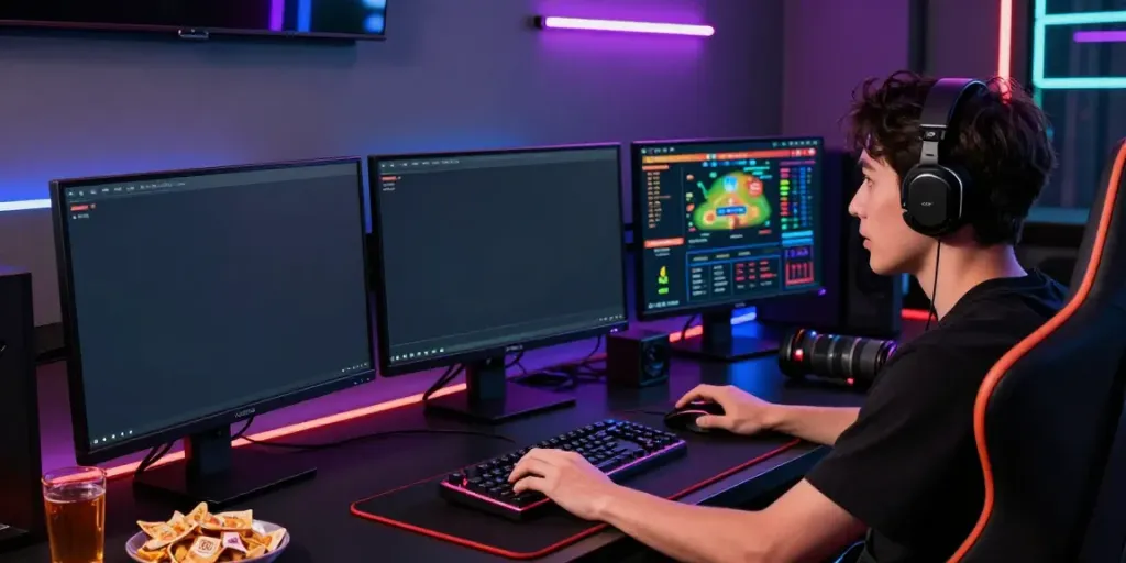 Player engaging in togel online gaming with multiple screens and gaming setup.