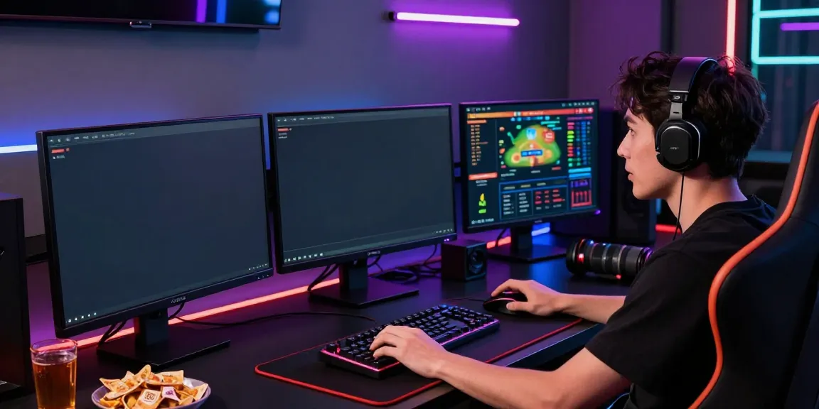 Player engaging in togel online gaming with multiple screens and gaming setup.
