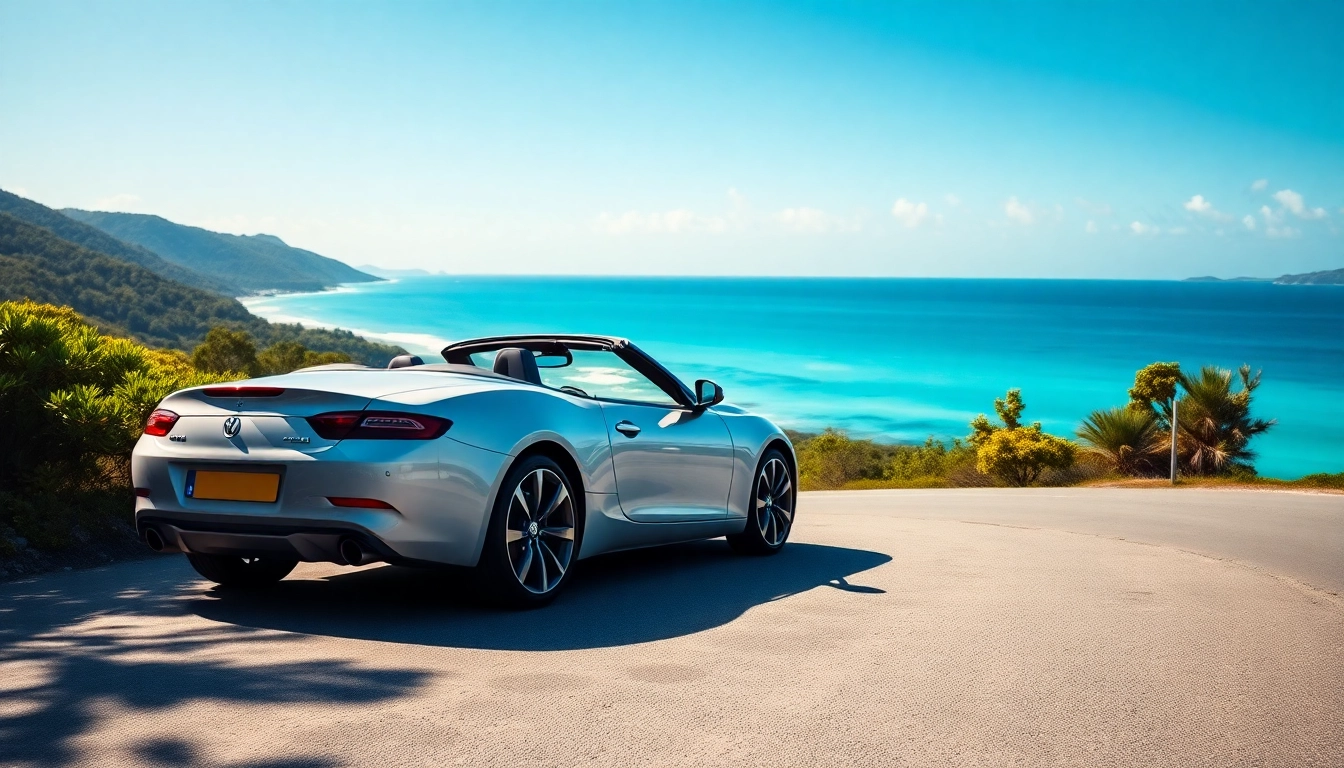Enjoy a convertible car rental st barth on a picturesque coastal road with stunning ocean views.