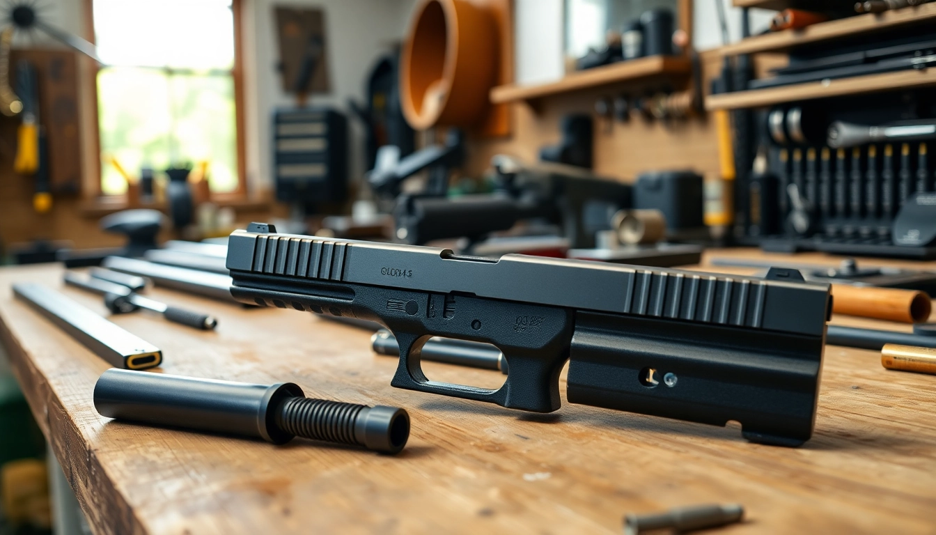 View glock 43 slide showcasing precision and craftsmanship with tools in a workshop.