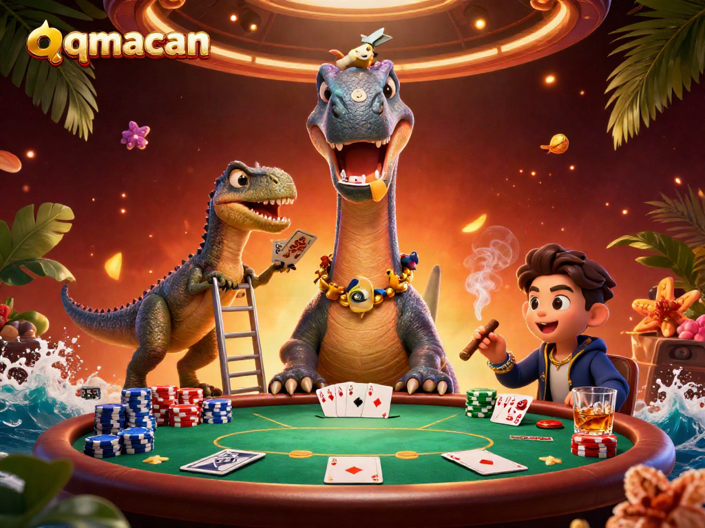 Engage in thrilling poker action at qqmacan with a fun dinosaur-themed casino illustration.