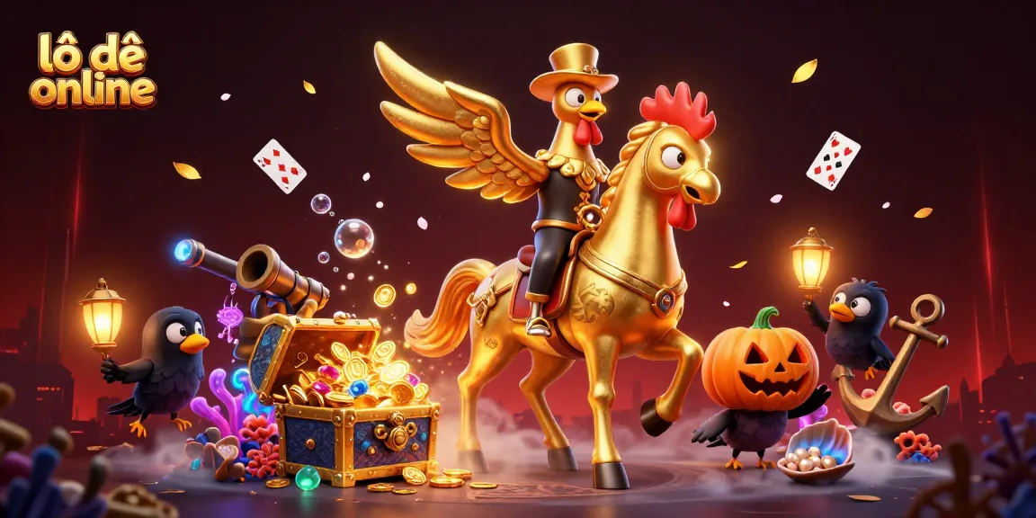 Experience lô đề online in a vibrant casino scene with golden rooster, mythical horses, and treasure.