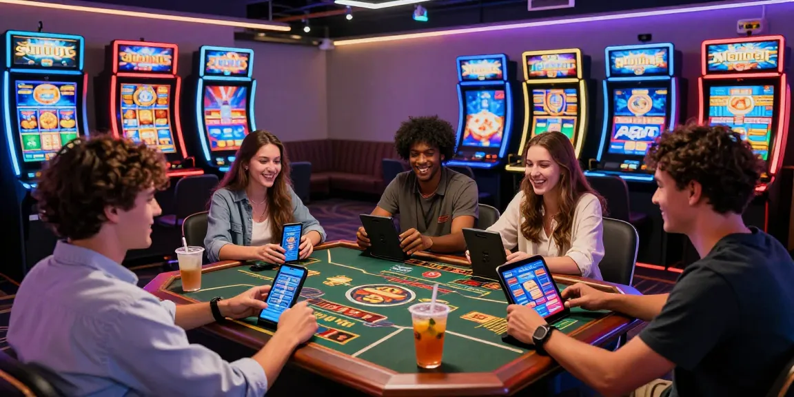 Experience the thrill of gaming at GemBet’s online casino with friends, showcasing live games and colorful slot machines.