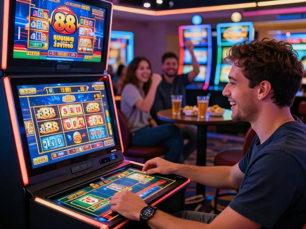 Player enjoying slot88 on a touchscreen device surrounded by vibrant casino graphics and friends.