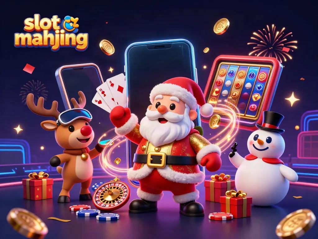 Experience thrilling action in slot mahjong with Santa, his reindeer, and a snowman amidst vibrant casino elements.