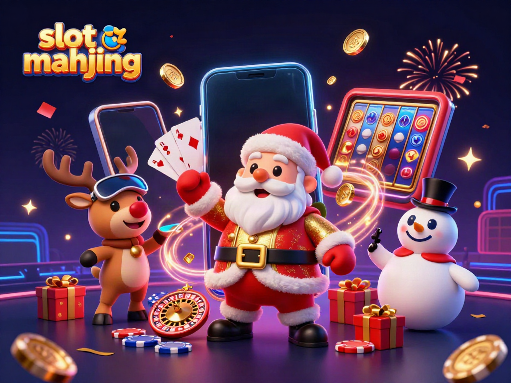 Experience thrilling action in slot mahjong with Santa, his reindeer, and a snowman amidst vibrant casino elements.