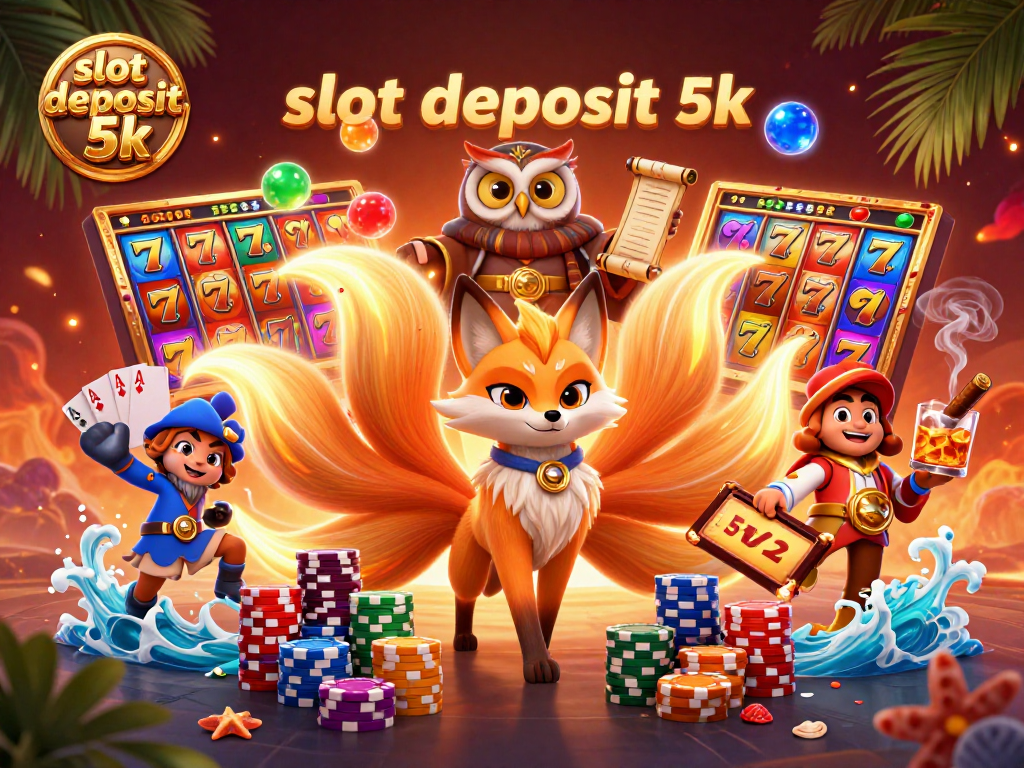 Engage with exciting slot deposit 5k gameplay featuring vibrant characters, slot reels, and colorful chips.