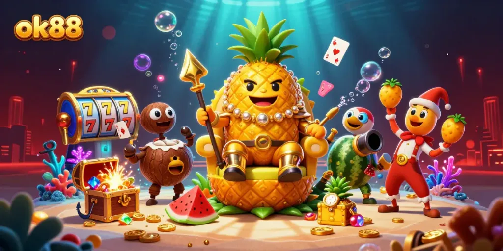 Experience thrilling gaming action at ok88, featuring a magical beach casino with vibrant characters.