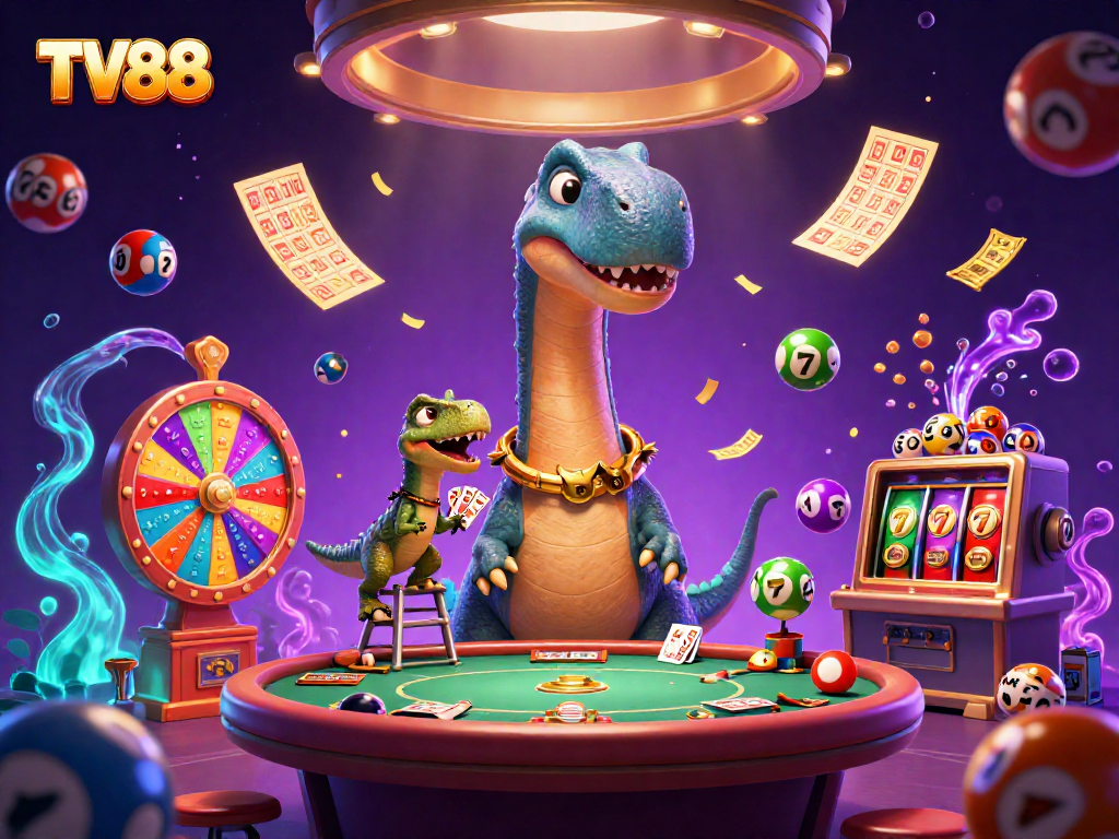 Engage with TV88 as a brontosaurus watches over a vibrant casino scene full of exciting game elements.