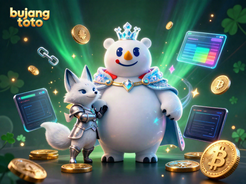 Join the thrilling world of bujang toto with a magical 3D illustration showcasing a polar bear and snow fox immersed in a vibrant casino atmosphere.
