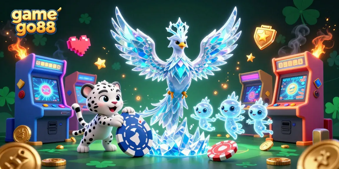 Engage with game go88 through a vibrant illustration featuring a mystical ice phoenix and playful characters.