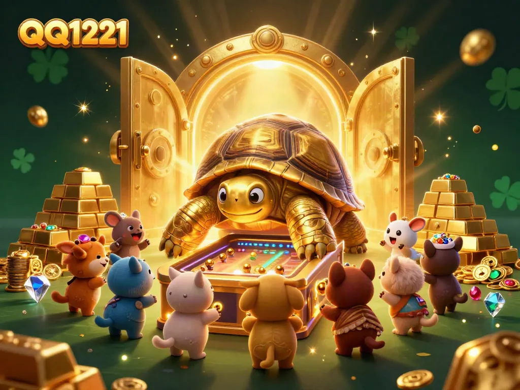 Engage with QQ1221's casino-themed fun featuring a golden tortoise pinball machine attracting eager players.