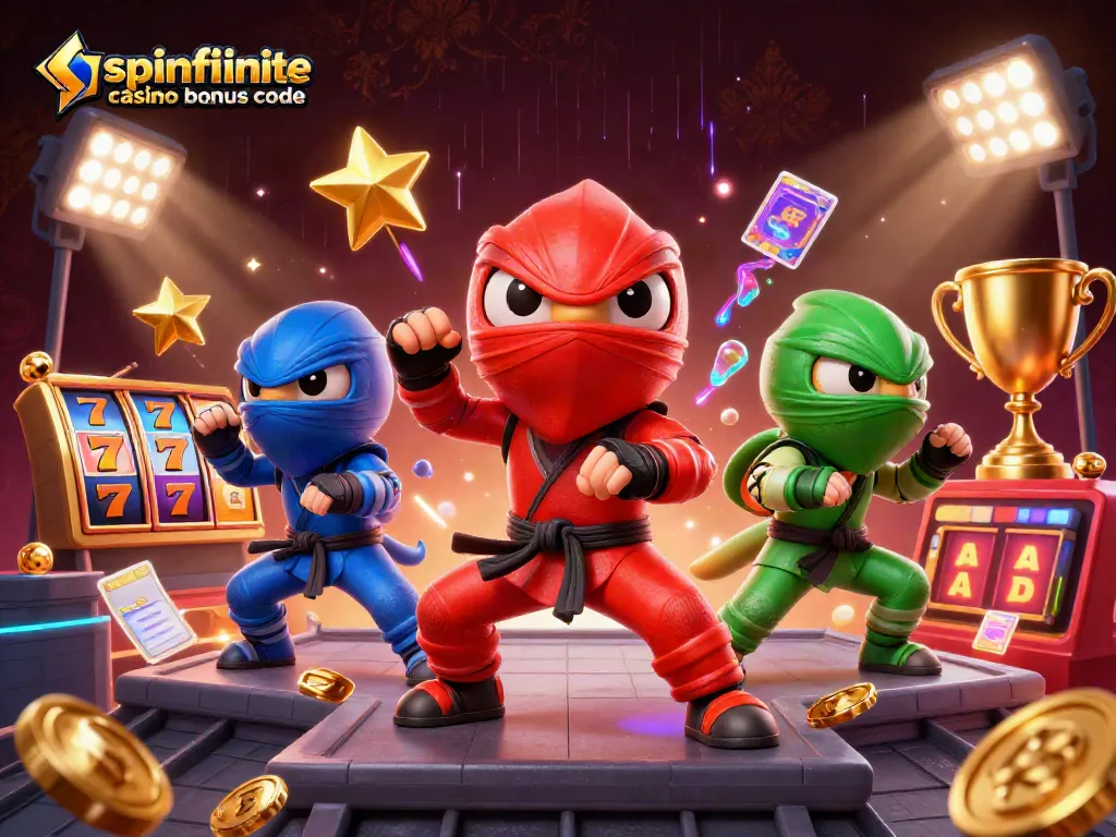 Experience the excitement of Spinfinite casino bonus codes with vibrant chameleon ninjas and dynamic casino elements.