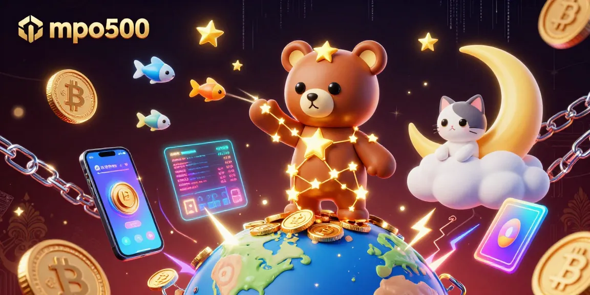 Engage with mpo500's vibrant gaming universe, featuring a constellation bear and crypto elements.