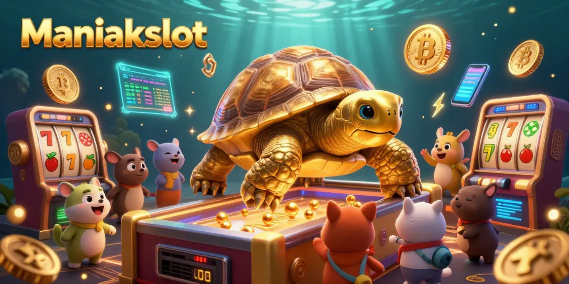 Experience the thrill of Maniakslot with a colossal tortoise pinball machine and vibrant casino elements.