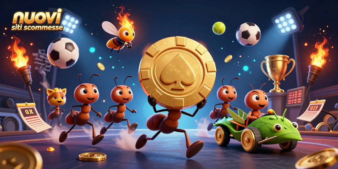 Immagine dinamica dei nuovi siti scommesse con personaggi che trasportano una chip d'oro attraverso elementi sportivi.