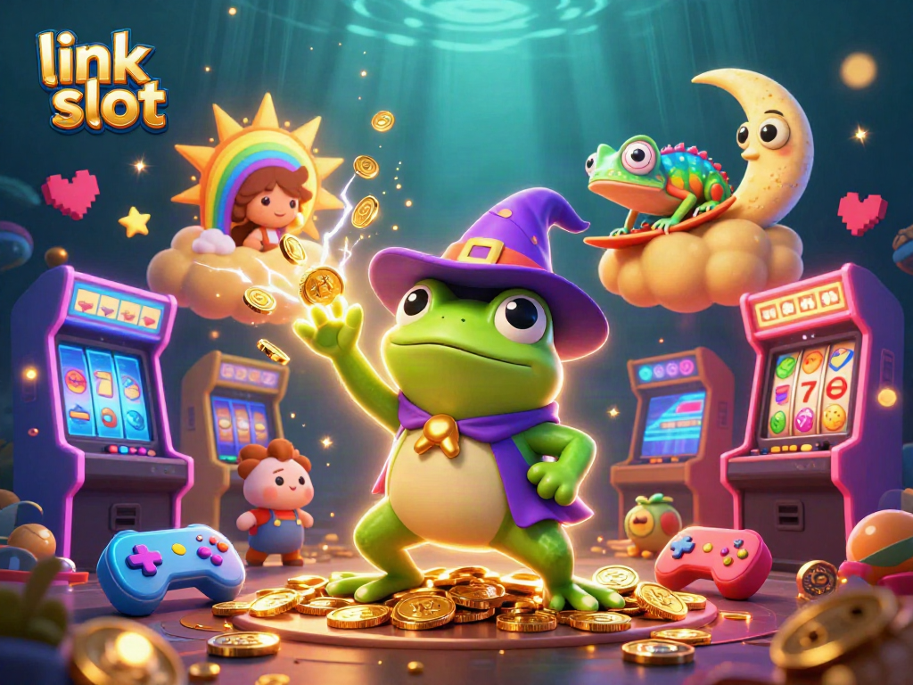 Engage with the link slot experience featuring vibrant 3D illustration of wizards and chameleons in a casino setting.
