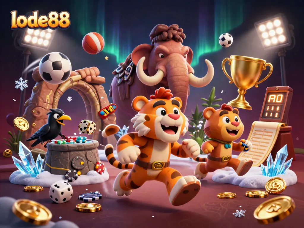Lode88 players engage in dynamic betting action at a prehistoric casino with coins and sports elements.