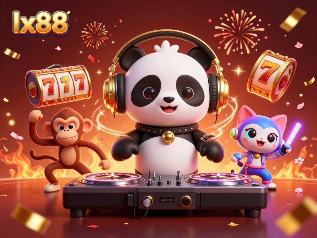 Experience the thrilling world of lx88 with a DJ panda and animated casino elements in vibrant 3D