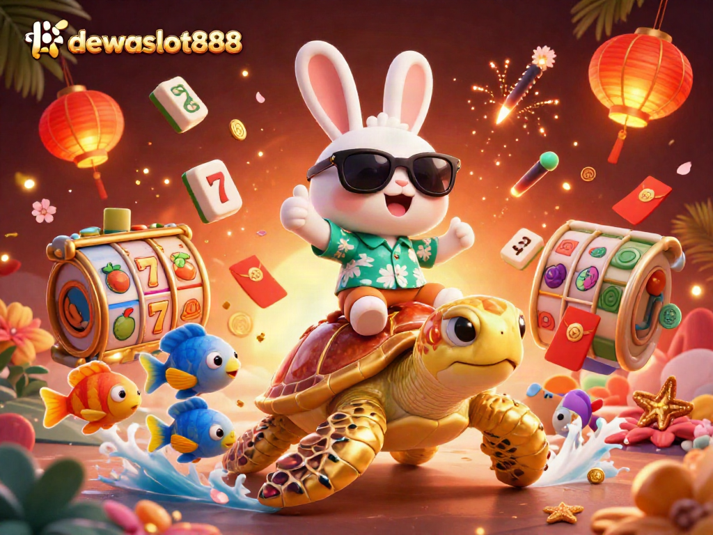 Menangkan bonus di link dewataslot888 dengan ilustrasi menarik kelinci beruntung dan kura-kura emas.