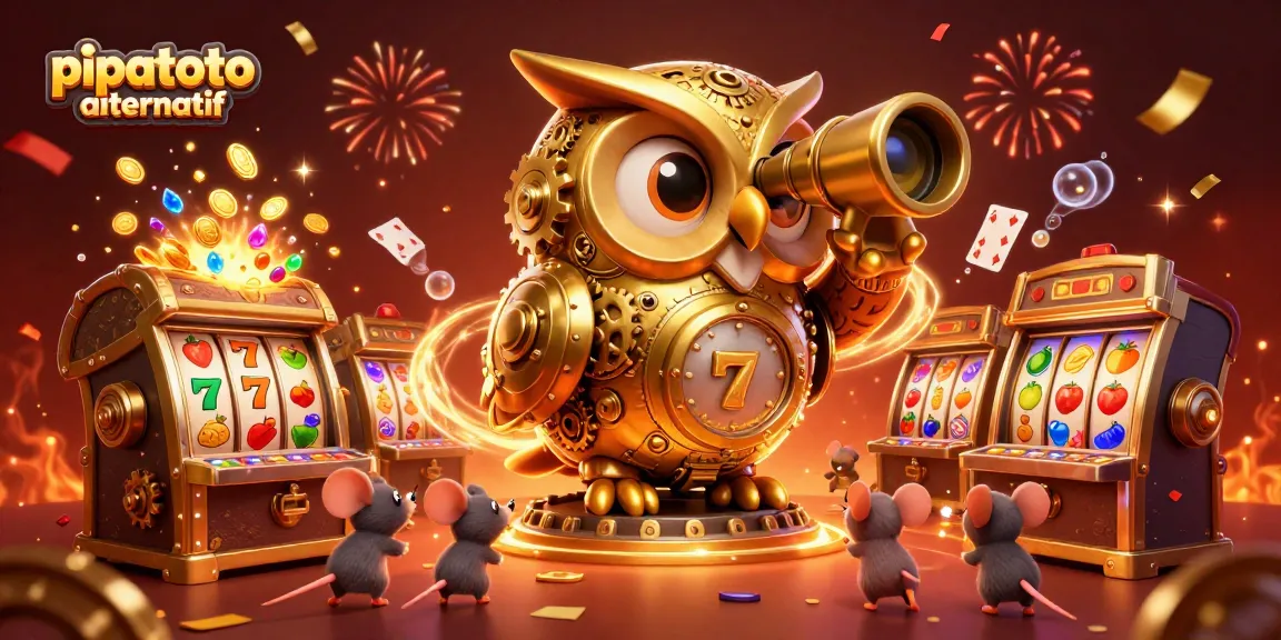 Experience the thrill at pipatoto alternatif with a lively casino illustration showcasing a golden owl and slot adventures.