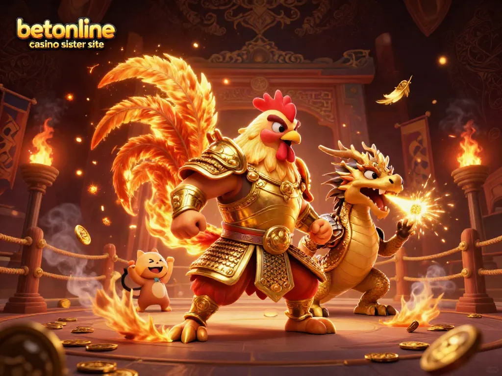 BetOnline casino sister site showcasing a dynamic scene with a rooster warrior and dragon hatchling.