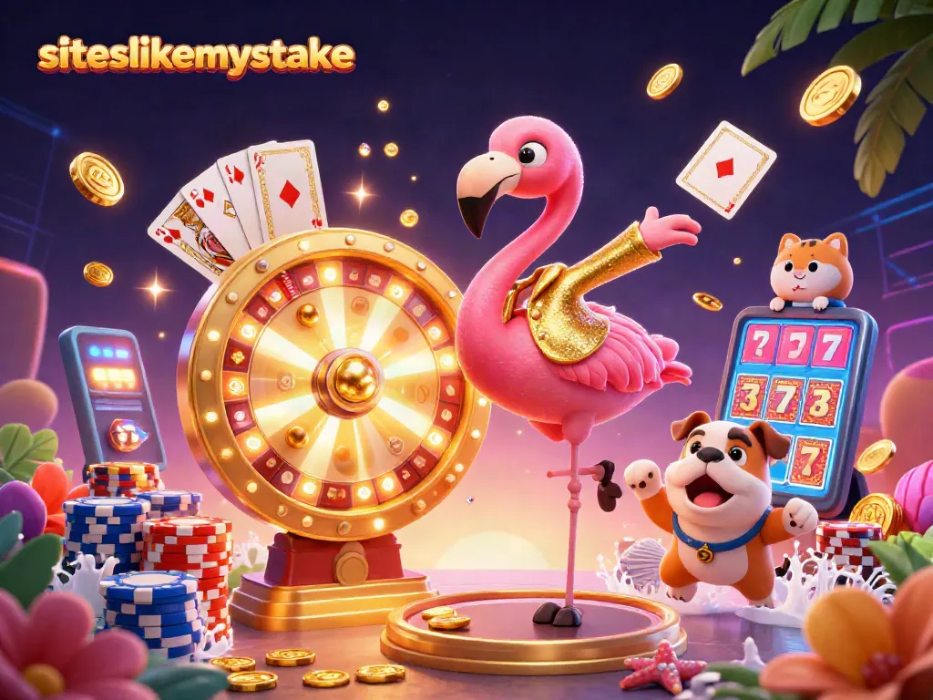 Join the fun with siteslikemystake as a flamingo host spins a prize wheel in a vibrant casino scene.