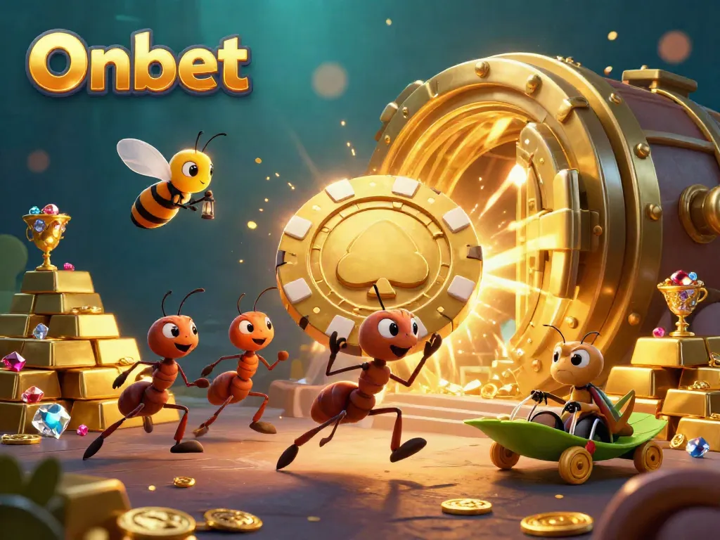 Onbet heist scene with ants carrying poker chip, vibrant gambling elements, and treasure.