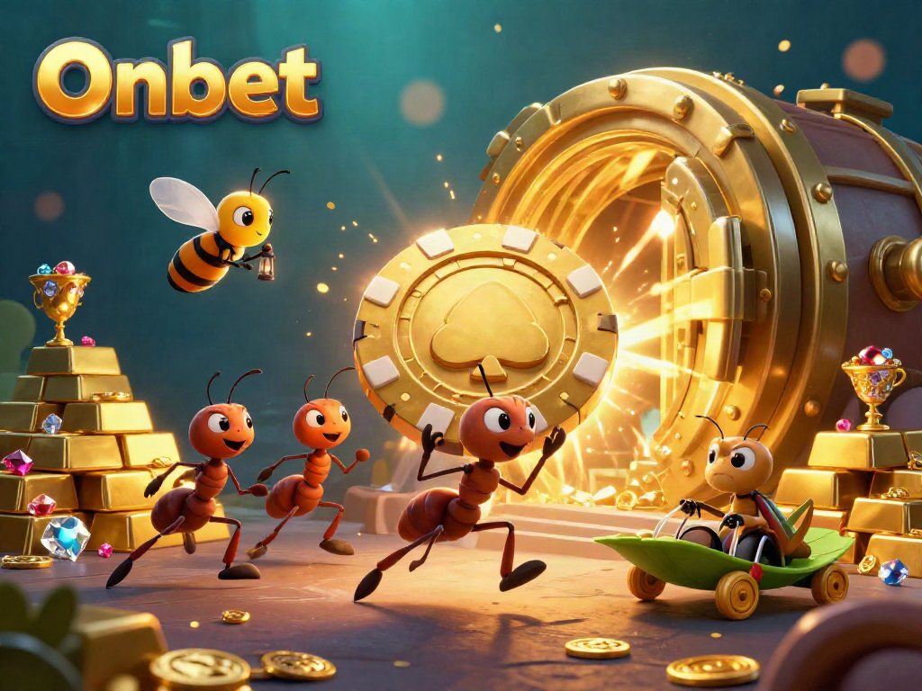 Onbet heist scene with ants carrying poker chip, vibrant gambling elements, and treasure.