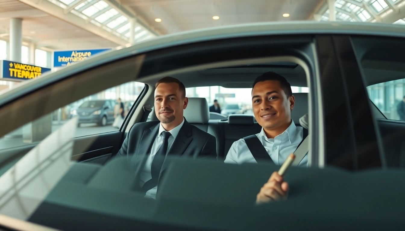 Vancouver airport car service featuring a luxury sedan and a professional chauffeur at YVR.