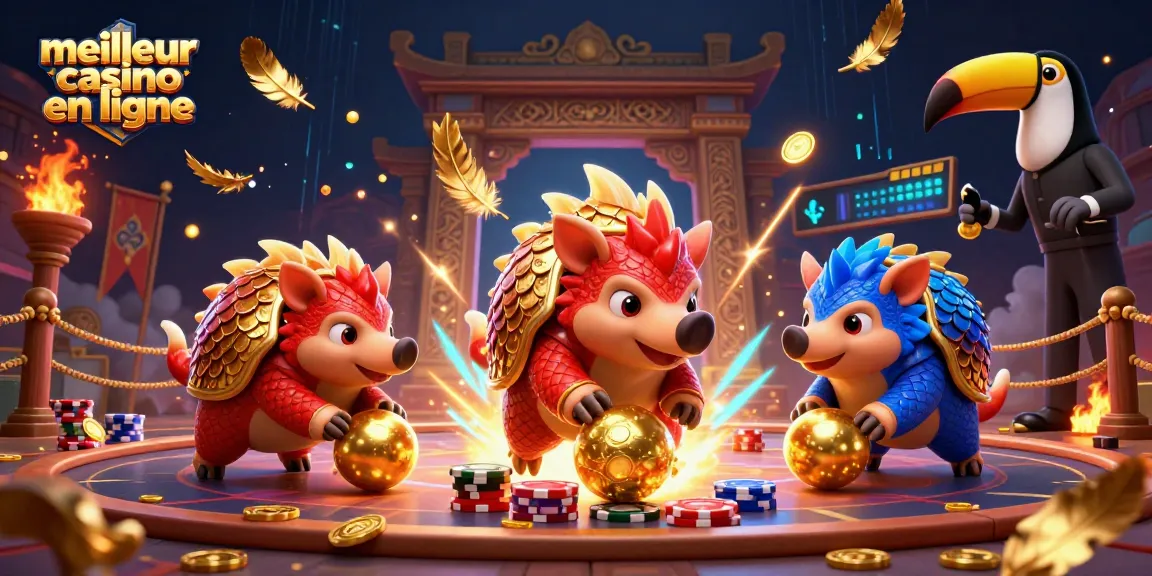 Meilleur casino en ligne : compétition entre pangolins en armure sur un tapis de jetons de poker.